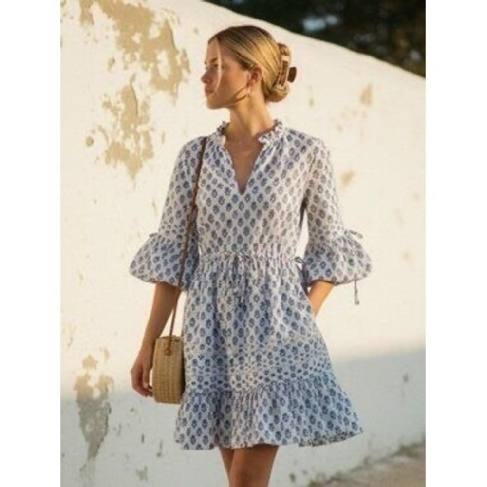 Pink City Prints Tuckernuck Rah Rah Flowy Dress Blue White Floral Block Print XS